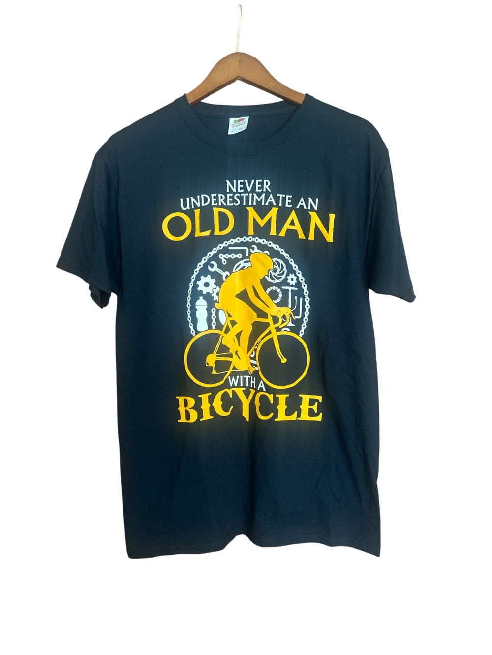 Fruit of the Loom Black Short Sleeve Tee with Yellow Bicycle Graphic